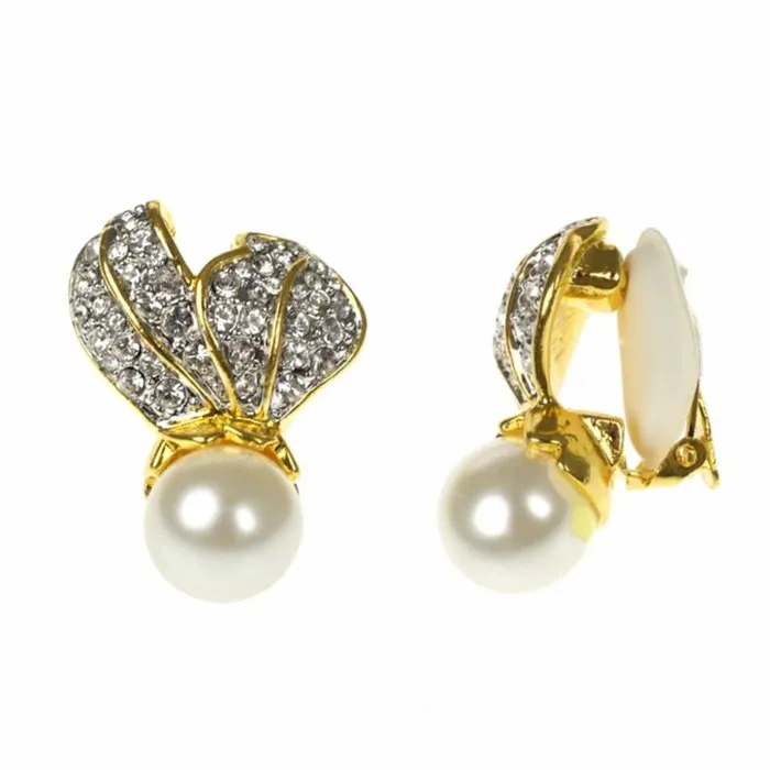 Kenneth Jay Lane Pearl Earrings Women Crystal Leaf Top With Pearl Bottom Clip Earrings