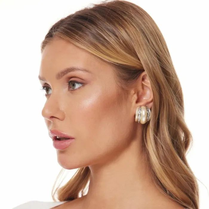 Kenneth Jay Lane Pearl Earrings Women Silver Crystal Band Pearl Resin Ribbed Hoop Clip Earring