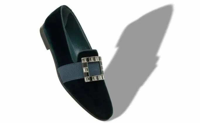 Loafers Men Manolo Blahnik EATONDark Green Velvet Buckled Loafers