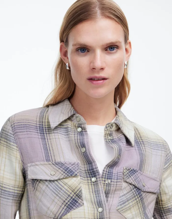 Madewell Flannel SnapFront Shirt In Plaid Soft Orchid Women Tops and Shirts