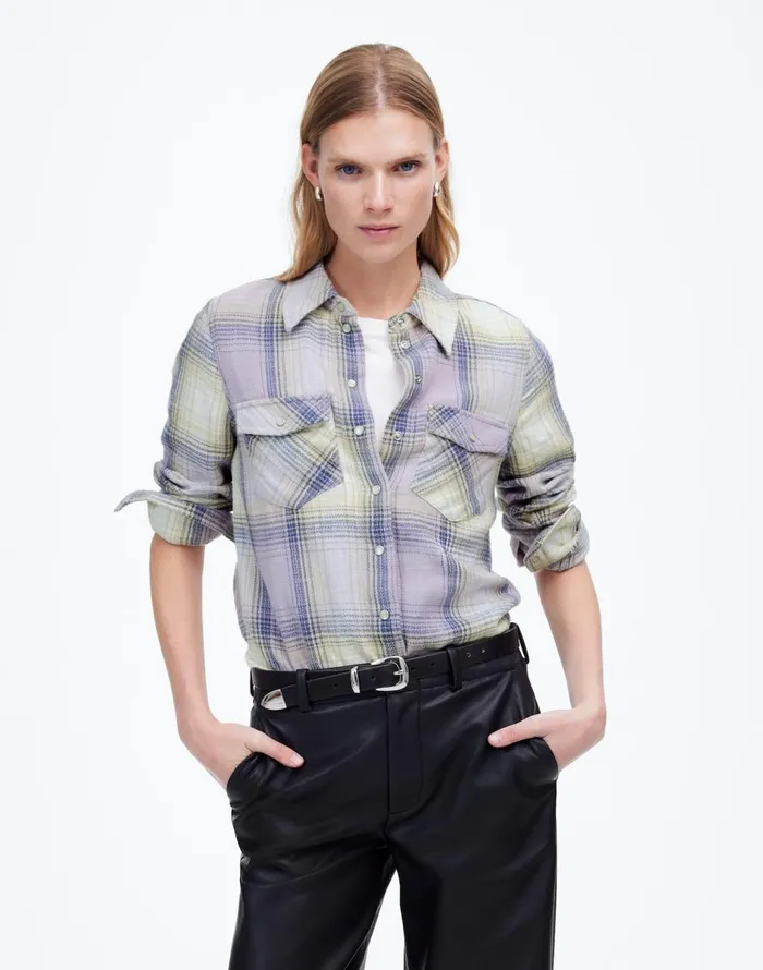Madewell Flannel SnapFront Shirt In Plaid Soft Orchid Women Tops and Shirts