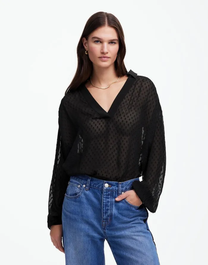 Madewell LongSleeve Popover Top True Black Women Tops and Shirts
