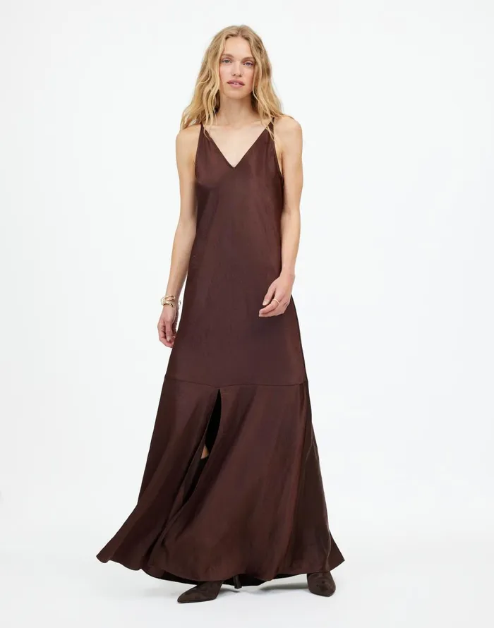 Madewell Satin Sleeveless Maxi Slip Dress Dark Carob Women Dresses
