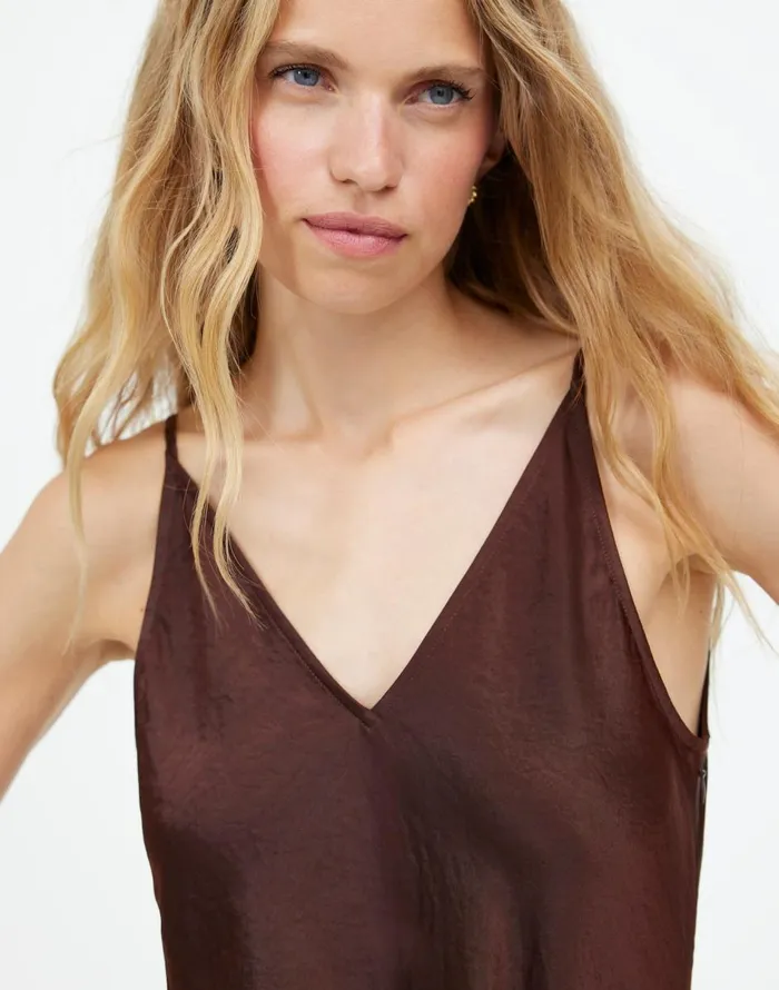 Madewell Satin Sleeveless Maxi Slip Dress Dark Carob Women Dresses