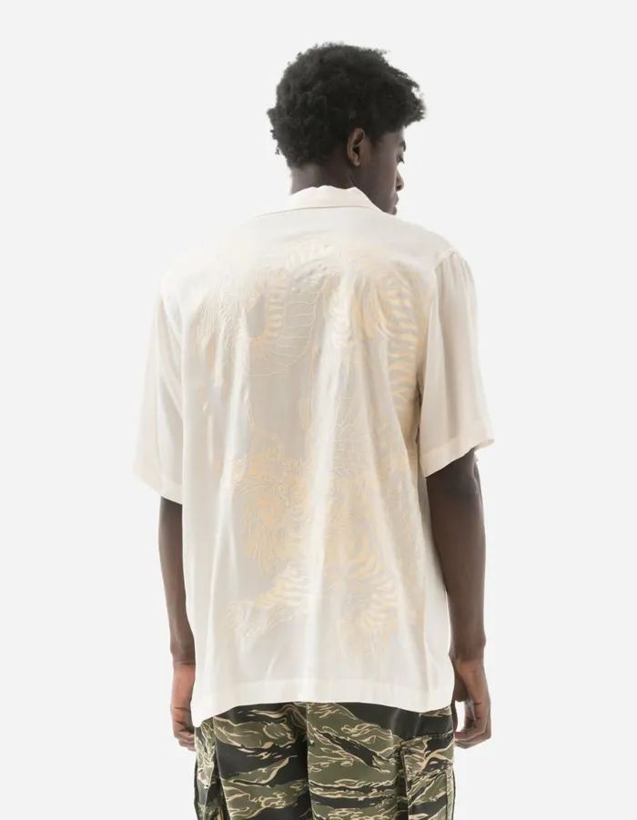 Maharishi Short Sleeve Shirts 6098 Tiger Dragon Camp Collar Shirt Ecru 8211 Men