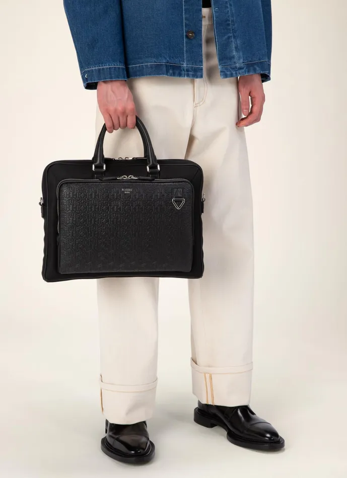 Men Bally Business Bags Cahrl 8211 Nylon and Leather Business Bag In Black
