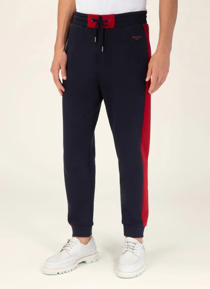 Men Bally Tracksuits Tracksuit Pants 8211 Techno Cotton Bottoms In Navy and Bally Red