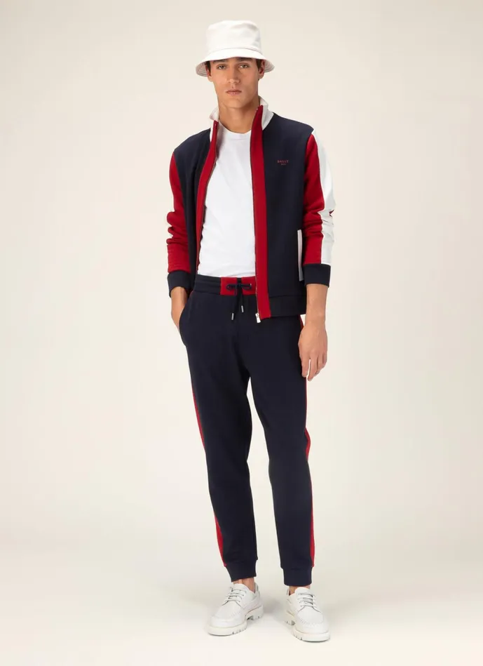 Men Bally Tracksuits Tracksuit Pants 8211 Techno Cotton Bottoms In Navy and Bally Red