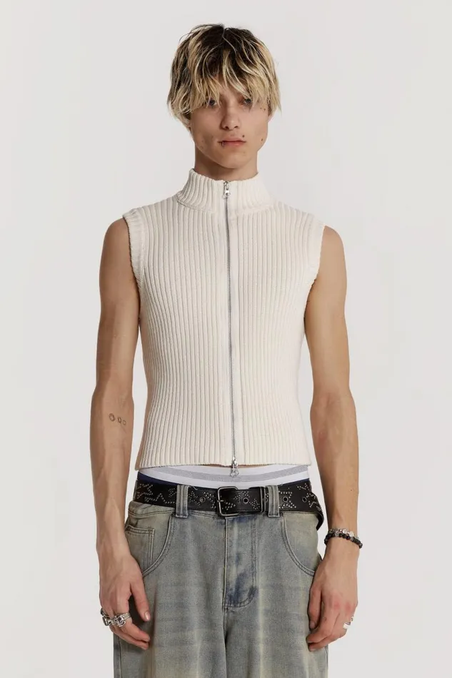 Men Cream Sleeveless Zip Through Jaded London TShirts and Vests