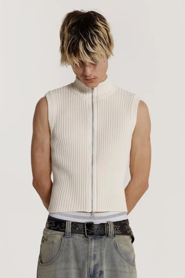 Men Cream Sleeveless Zip Through Jaded London TShirts and Vests