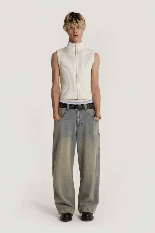 Men Cream Sleeveless Zip Through Jaded London TShirts and Vests