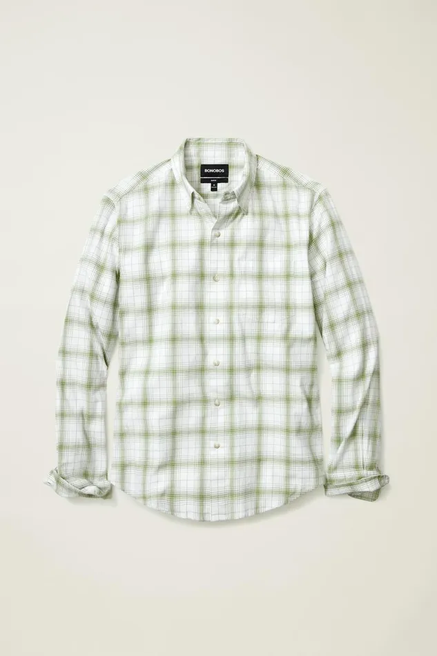 Men Everyday Lightweight Flannel Shirt Green Loden Plaid Bonobos Casual Shirts