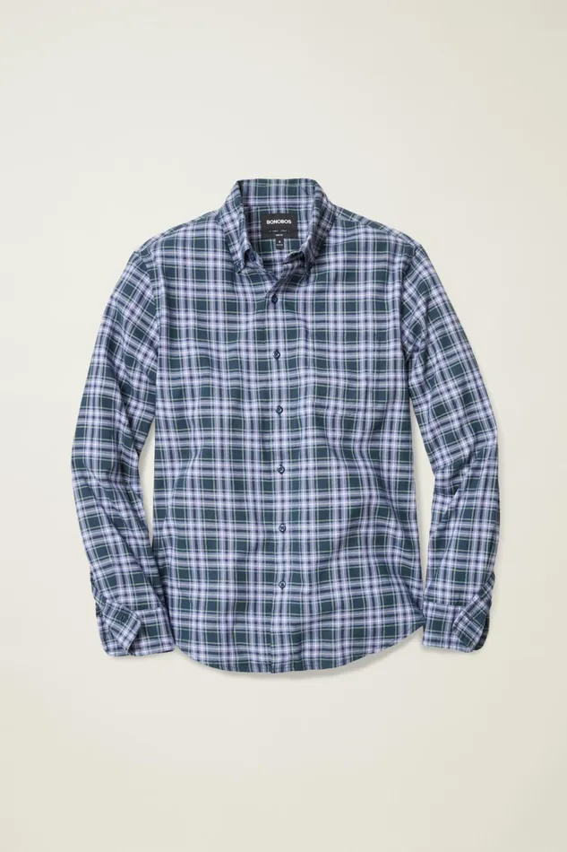 Men Everyday Lightweight Flannel Shirt Navy Lavender Plaid Bonobos Casual Shirts