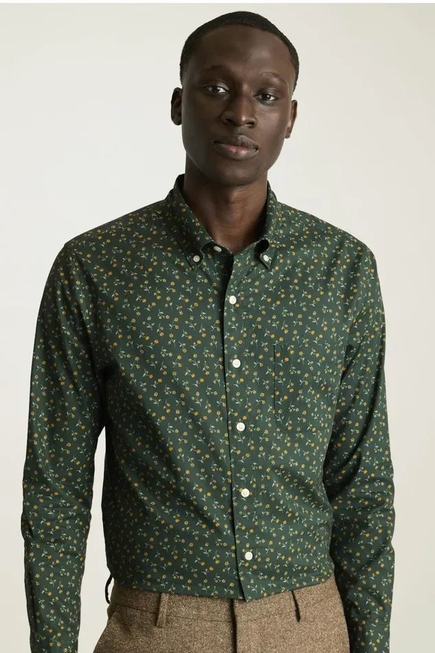 Men Everyday Shirt Pine Green Gold Floral Bonobos Casual Shirts