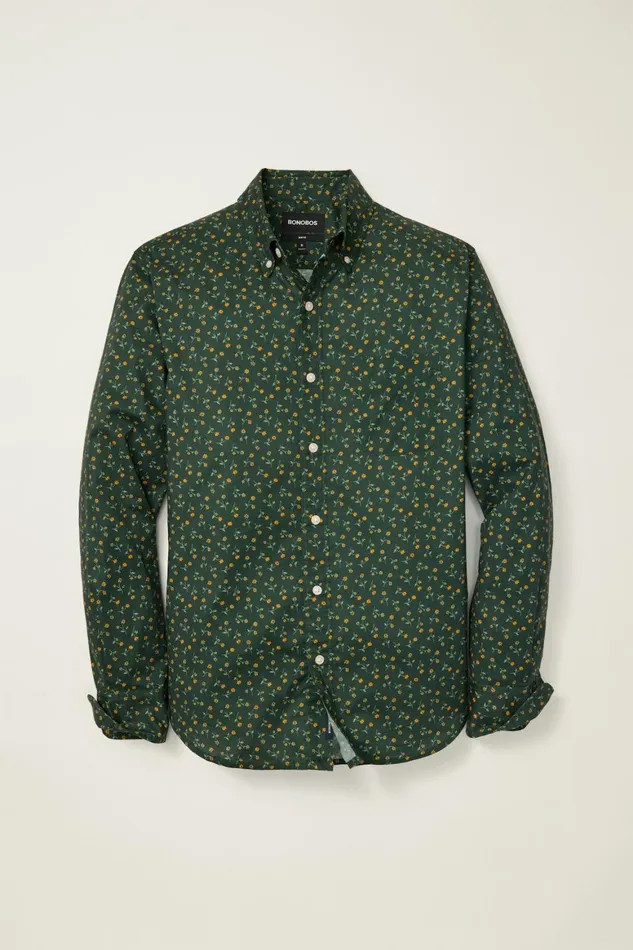 Men Everyday Shirt Pine Green Gold Floral Bonobos Casual Shirts