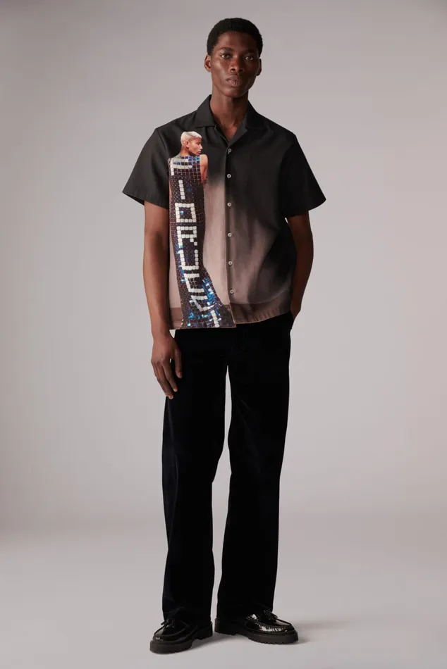 Men Fiorucci Shirts Tile Graphic Bowling Shirt Black