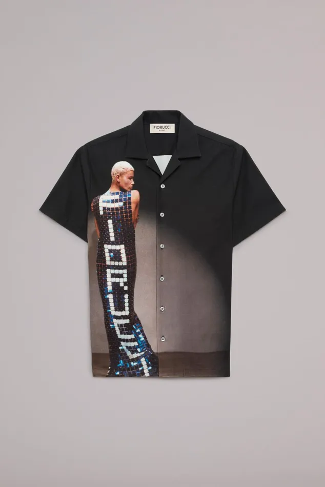 Men Fiorucci Shirts Tile Graphic Bowling Shirt Black Men Fiorucci Shirts Tile Graphic Bowling Shirt Black