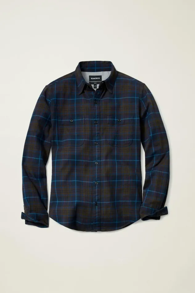 Men Fireside Flannel Shirt Navy Fudge Plaid Bonobos Overshirts