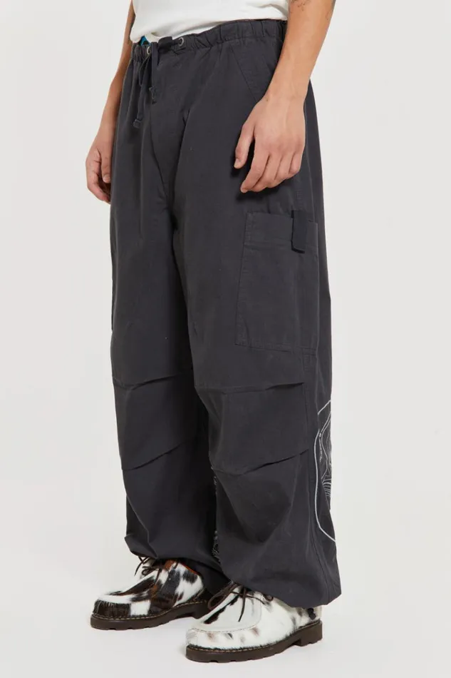 Men Grey Embroidered Scene Cargo Pants Jaded London Parachute Pants