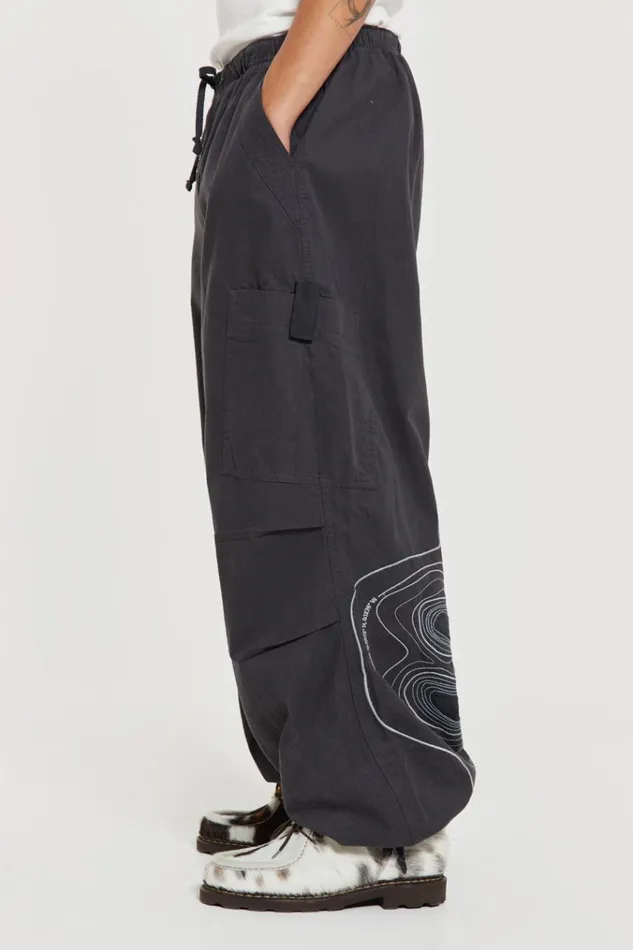 Men Grey Embroidered Scene Cargo Pants Jaded London Parachute Pants