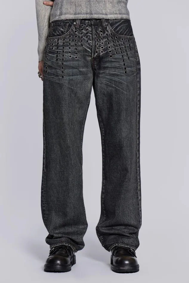 Men Grey Slub Eyelet Straight Fit Jeans Jaded London Baggy Jeans