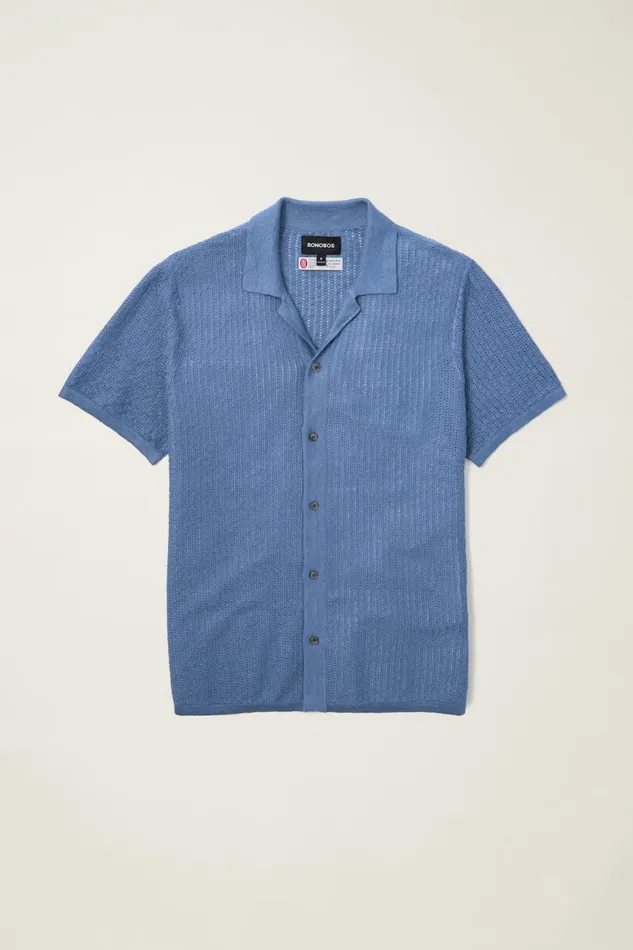 Men Hudson Cabana Sweater Polo Blue Italian Linen Bonobos Polos
