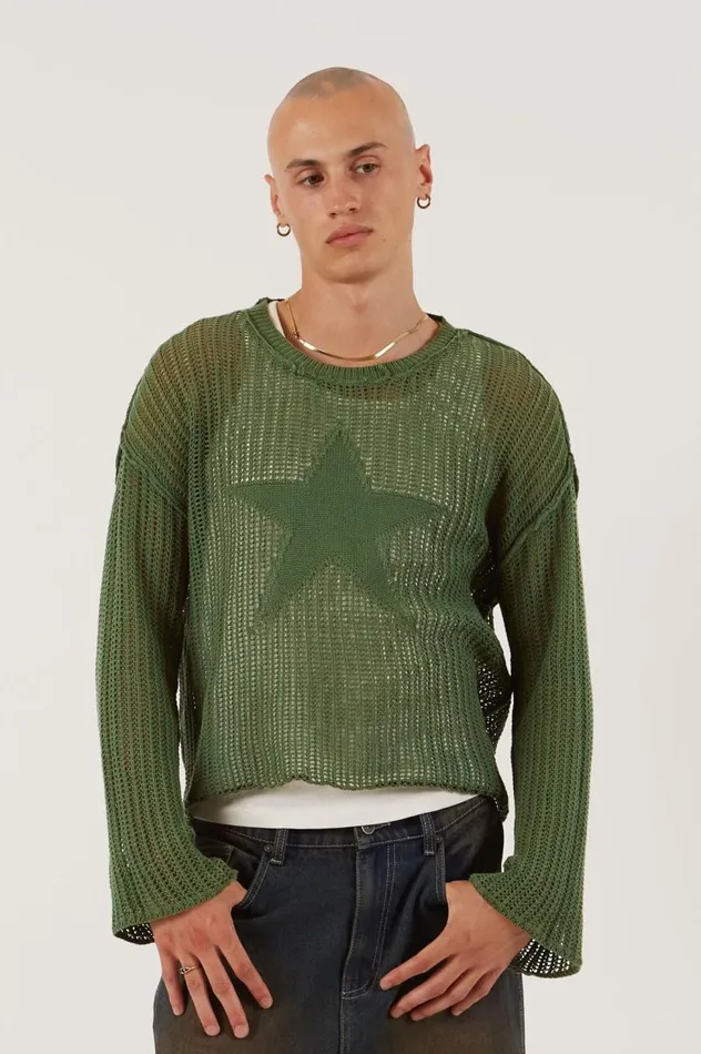Men Khaki Star Loose Knit Jumper Jaded London Knitwear
