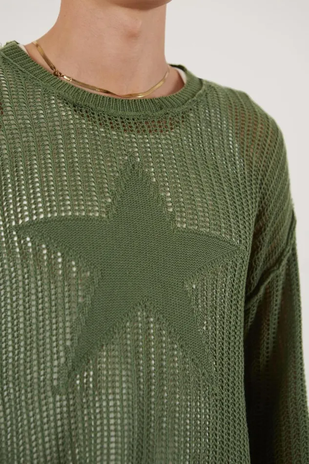 Men Khaki Star Loose Knit Jumper Jaded London Knitwear Men Khaki Star Loose Knit Jumper Jaded London Knitwear