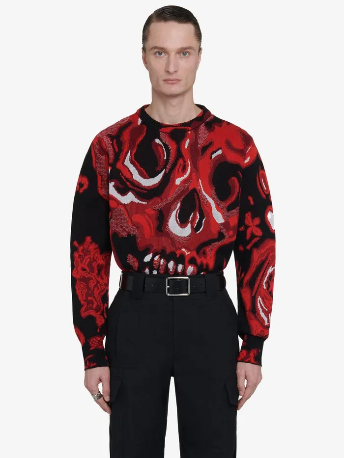 Men Knitwear Alexander McQueen Wax Flower Skull Jumper Blacklust Red