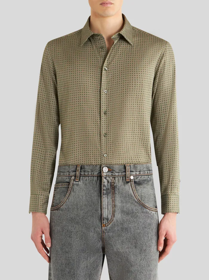 Men Micro Geometric Print Cotton Shirt Etro Shirts