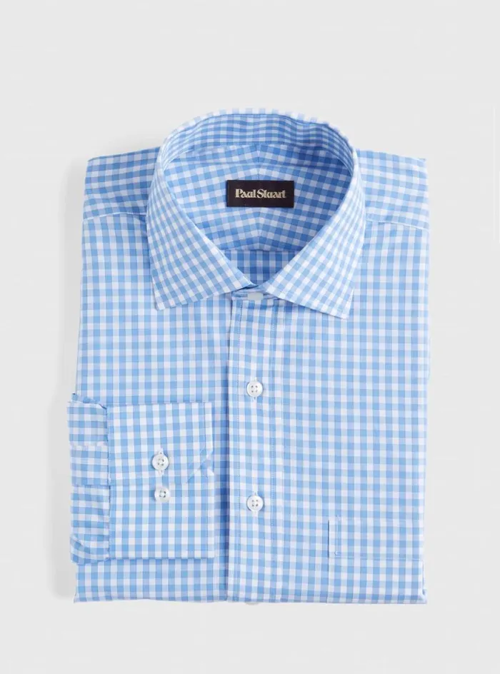 Men Paul Stuart Dress Shirts Gingham Check Dress Shirt Blue