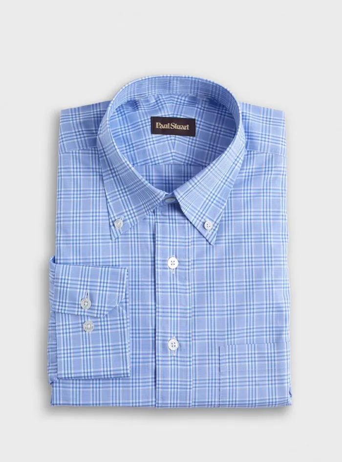 Men Paul Stuart Dress Shirts Plaid Cotton Dress Shirt Light Blue