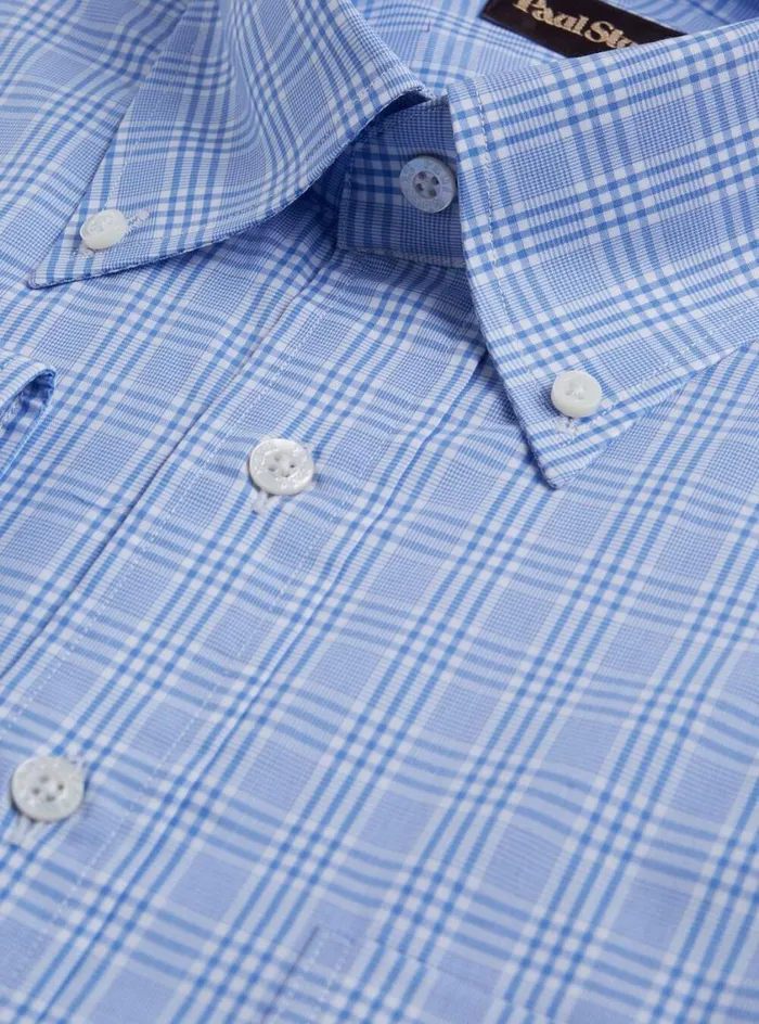 Men Paul Stuart Dress Shirts Plaid Cotton Dress Shirt Light Blue