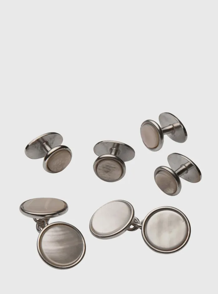 Men Paul Stuart Jewelry Mother Of Pearl Cufflink and Stud Formal Set Silver