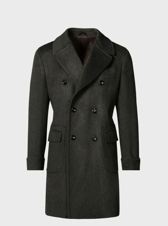 Men Paul Stuart Outerwear Double Breasted Military Style Wool Coat Olive