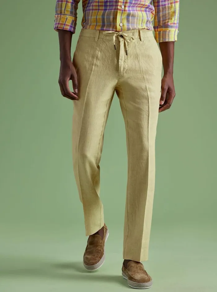 Men Paul Stuart Pants Linen Drawstring Trouser Yellow