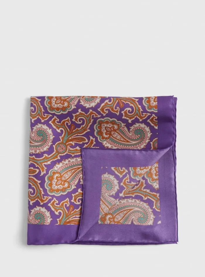 Men Paul Stuart Pocket Squares Printed Silk Paisley Pocket Square Purple