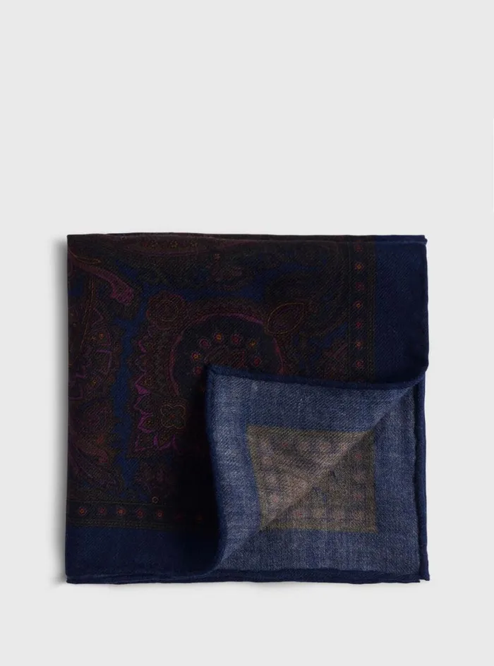 Men Paul Stuart Pocket Squares Wool Paisley Pocket Square Navy