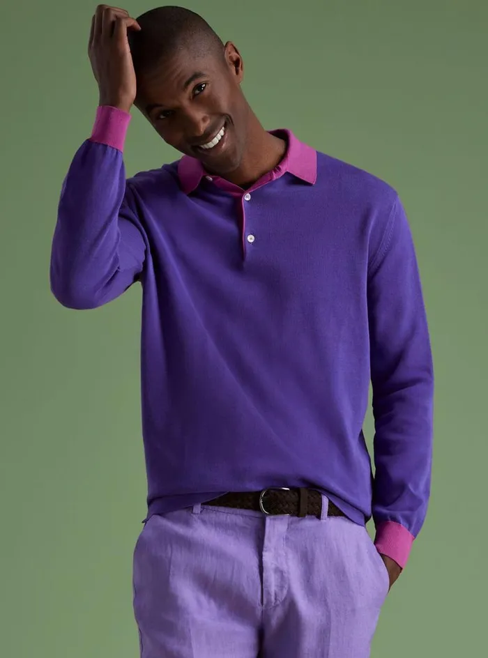 Men Paul Stuart Polos and TShirts Cotton Long Sleeve Polo Purple