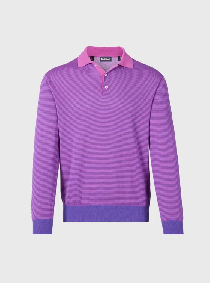 Men Paul Stuart Polos and TShirts Cotton Stripe Long Sleeve Polo Purple