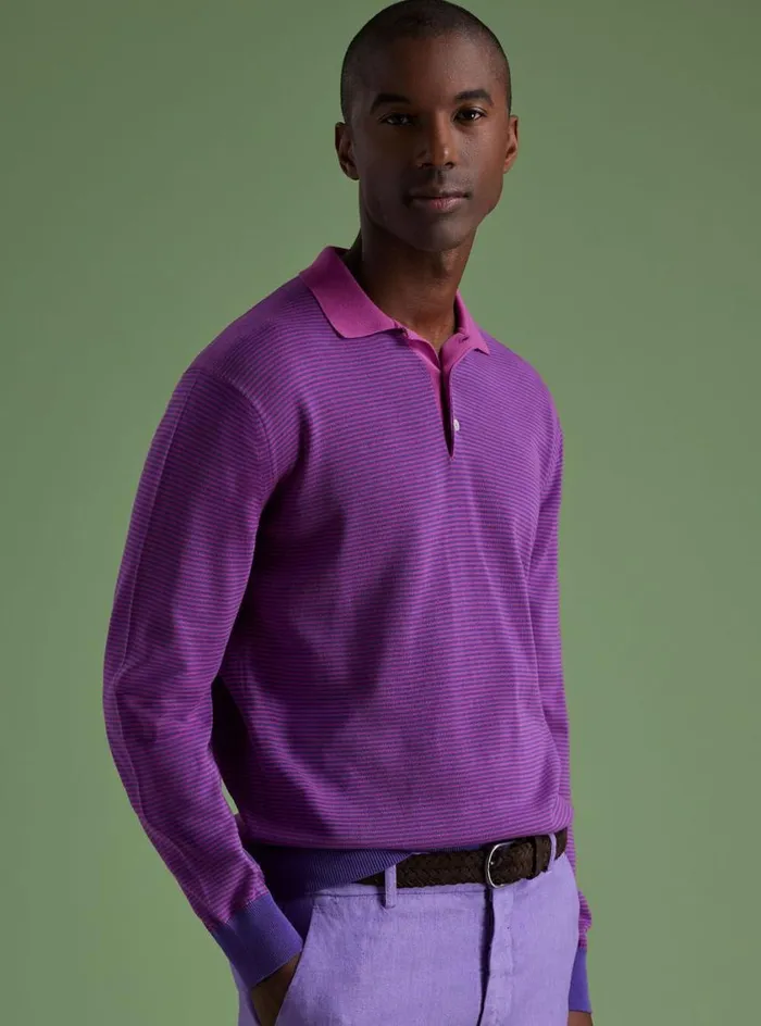 Men Paul Stuart Polos and TShirts Cotton Stripe Long Sleeve Polo Purple