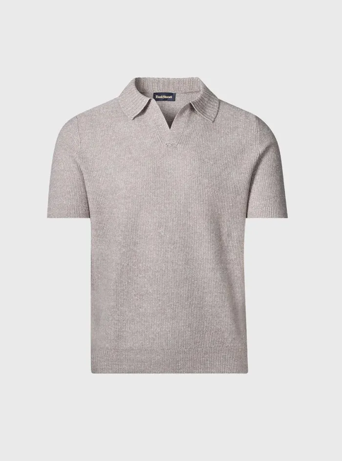 Men Paul Stuart Polos and TShirts Linen and Cotton Knit Open Collar Polo Taupe