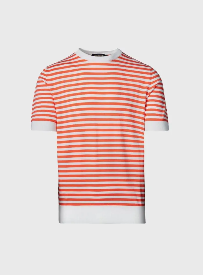 Men Paul Stuart Polos and TShirts Stripe Knit Short Sleeve Crewneck Redwhite