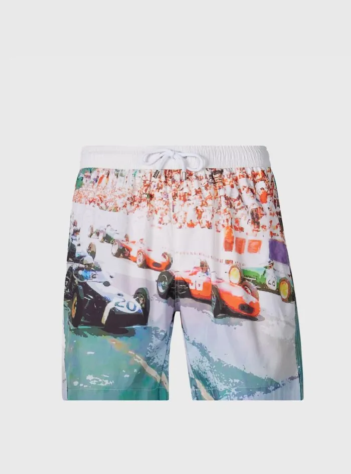 Men Paul Stuart Shorts and Swim Trunks Racing Car Swim Trunk Whitemulti