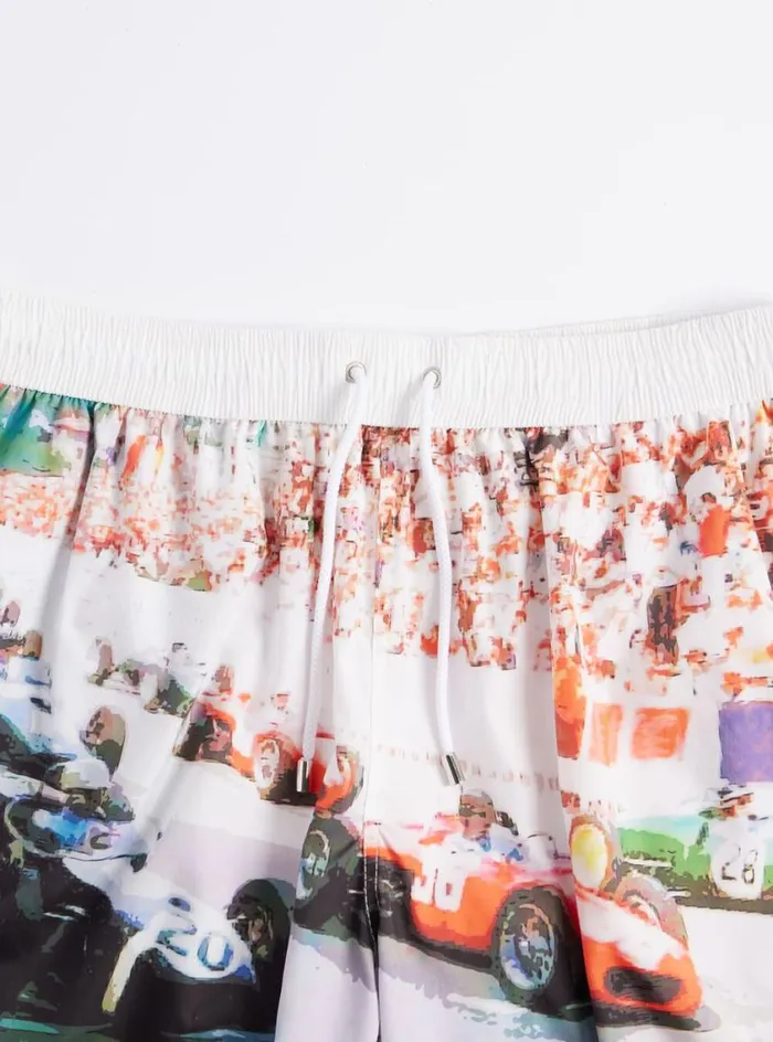 Men Paul Stuart Shorts and Swim Trunks Racing Car Swim Trunk Whitemulti