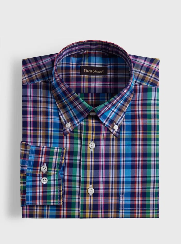 Men Paul Stuart Sport Shirts Cotton Plaid Sport Shirt Navymulti