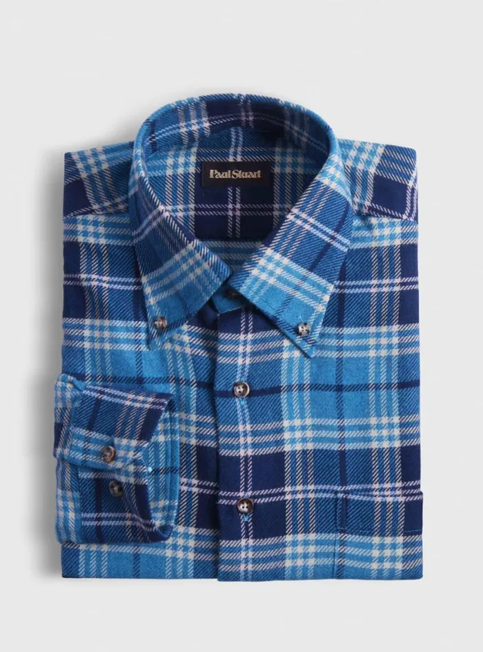 Men Paul Stuart Sport Shirts Flannel Plaid Sport Shirt Bluepurple