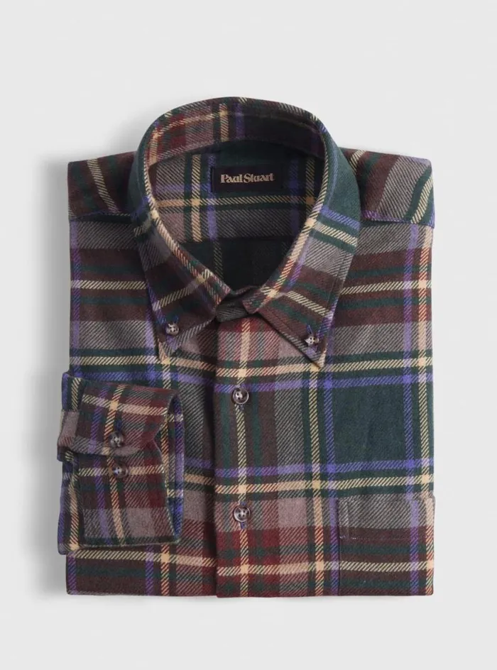 Men Paul Stuart Sport Shirts Flannel Plaid Sport Shirt Olivebrown