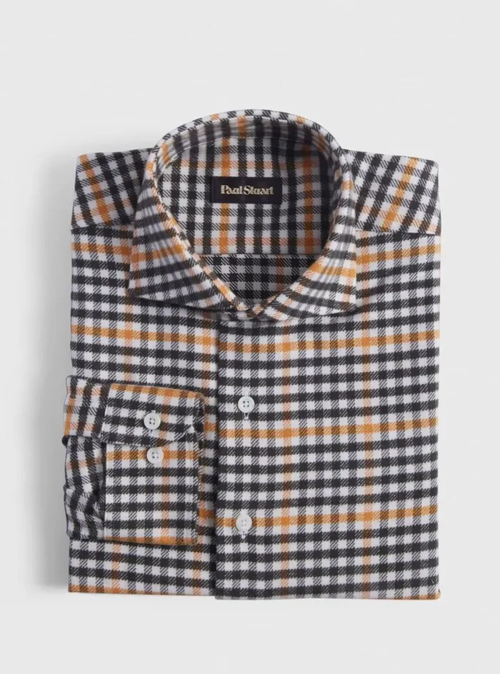 Men Paul Stuart Sport Shirts Flannel Small Plaid Sport Shirt Olive