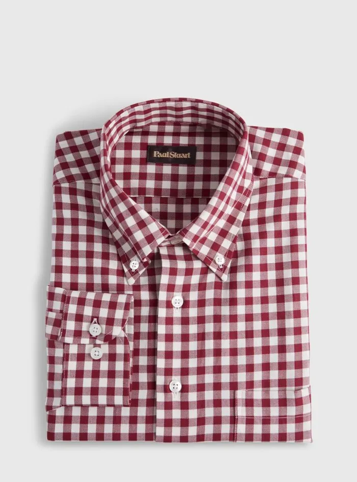Men Paul Stuart Sport Shirts Gingham Flannel Sport Shirt Burgundy